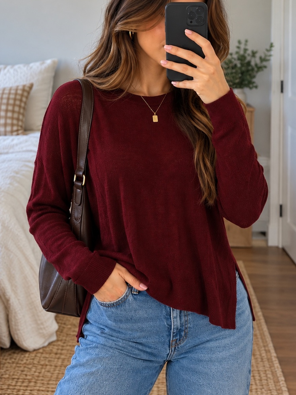 ZARA Knit Burgundy Side Slit Lightweight Sweater Top Size S Fall Minimalist